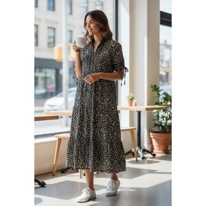 London Times Floral Maxi Dress‎ Smocked High Neck Black Blush 12P NWT